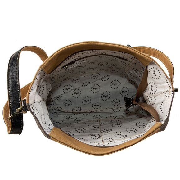 Myra Bag Handmade Montrielle Shoulder Bag Upcycled Canvas & Cowhide Leather - Picture 14 of 16